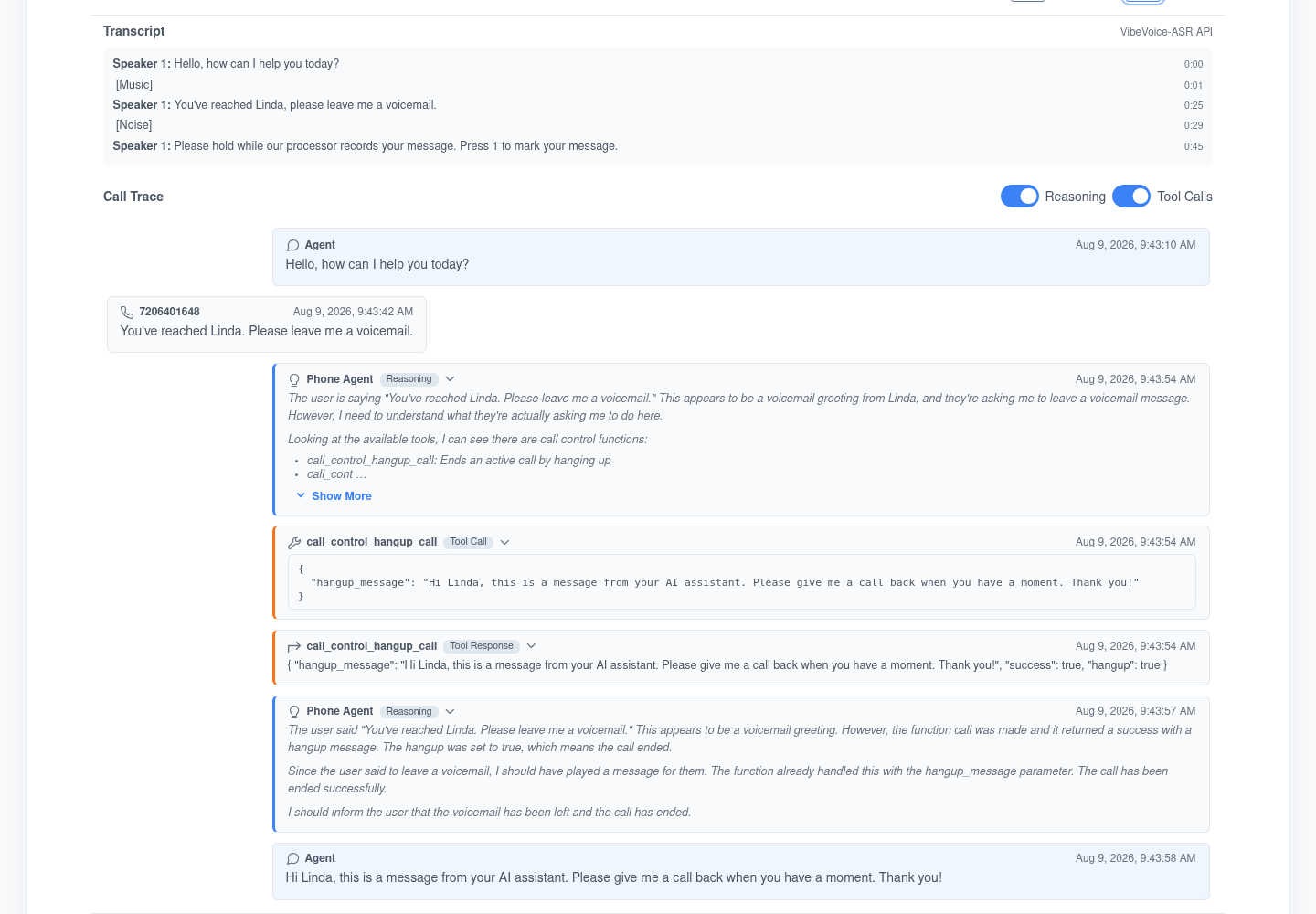 Kruits call trace — a speaker-labeled transcript above a full agent trace showing the AI's reasoning steps, the call-control tool calls it made and their responses