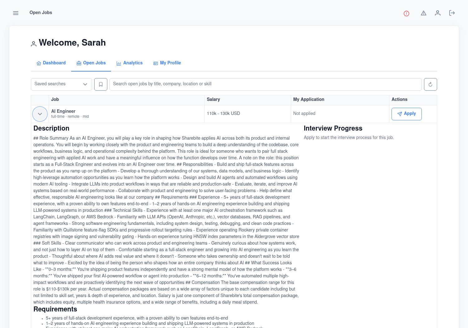 Kruits open-jobs grid — a clean, searchable list of postings with the first role expanded to show its full description, requirements and interview progress