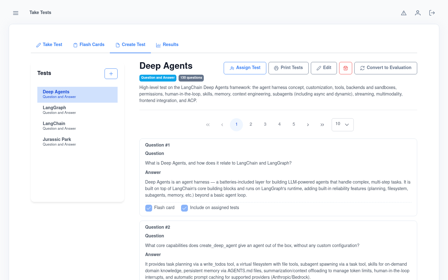 A Kruits assessment — a Deep Agents question-and-answer test with 130 questions, shown with its questions, answers and Assign / Convert-to-Evaluation actions