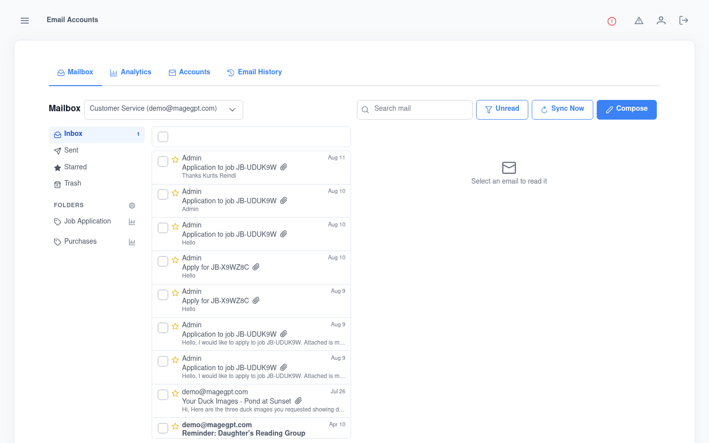 Email mailbox with job applications