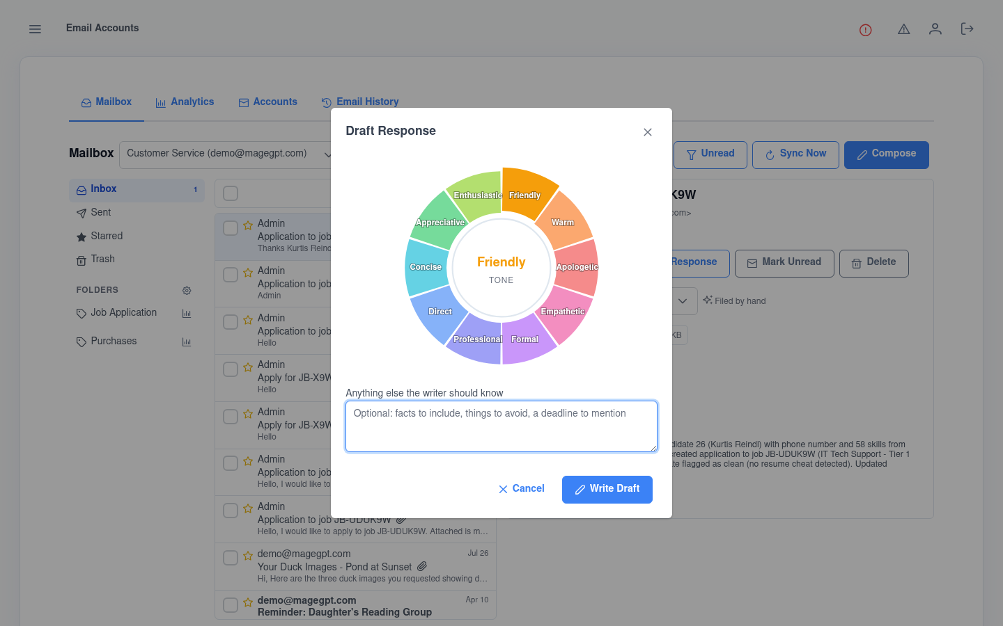 Kruits email reply tone wheel with ten tones such as Friendly, Professional and Concise, plus an instructions field and Write Draft button