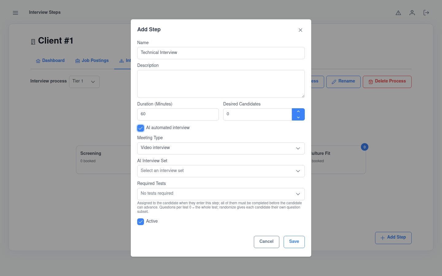 Kruits interview step editor with AI-automated interview, video meeting type, AI interview set and required tests