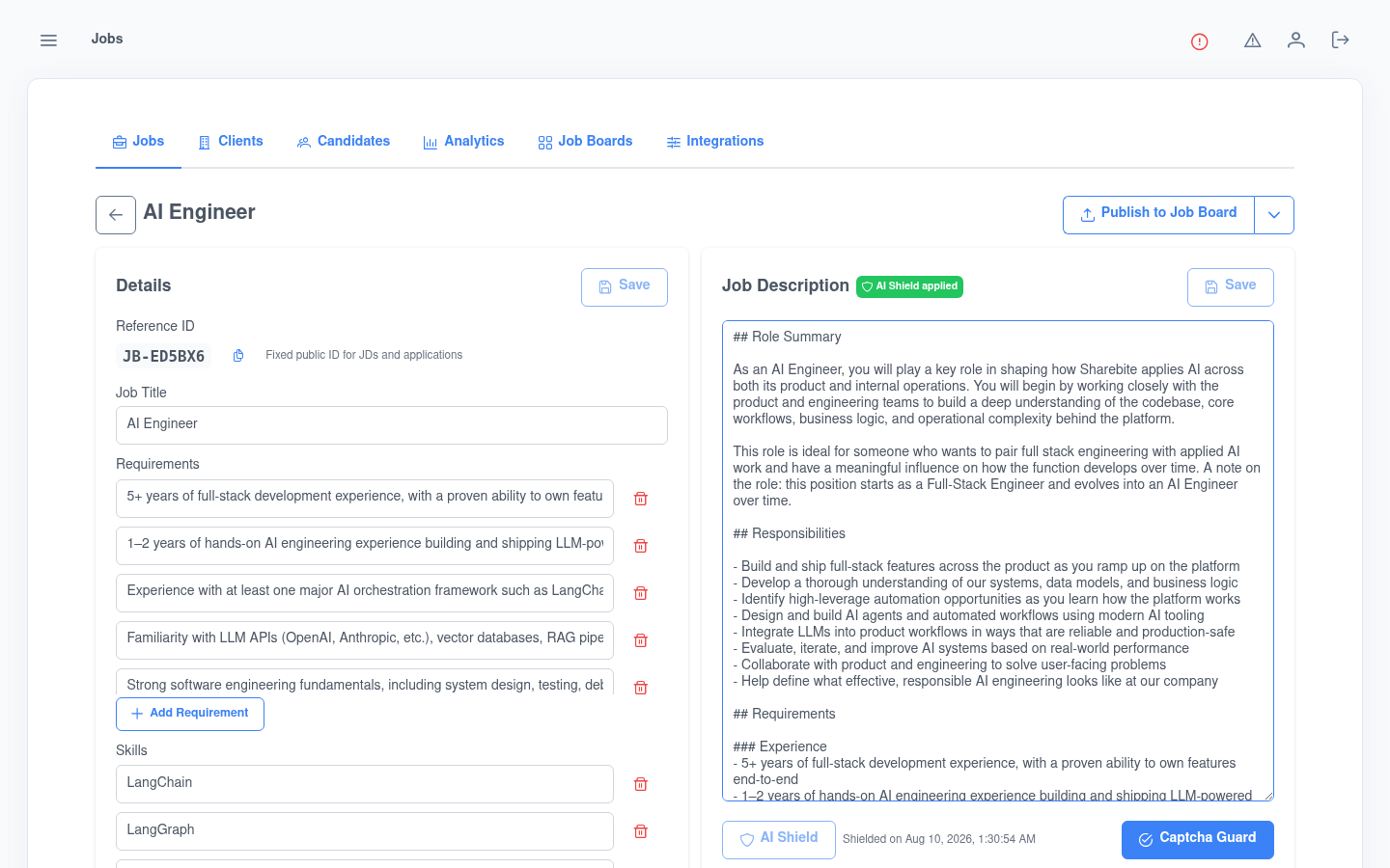 Kruits job record for an AI Engineer role showing reference ID, requirements, skills, the AI-Shield-applied job description and Captcha Guard