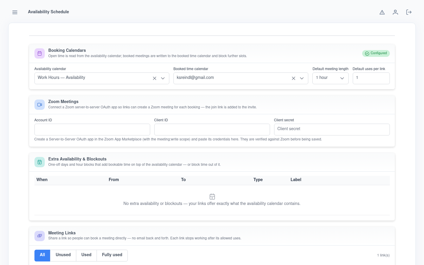 Kruits meeting-link setup with booking calendars, Zoom integration, extra availability and blockouts, and a meeting-links table