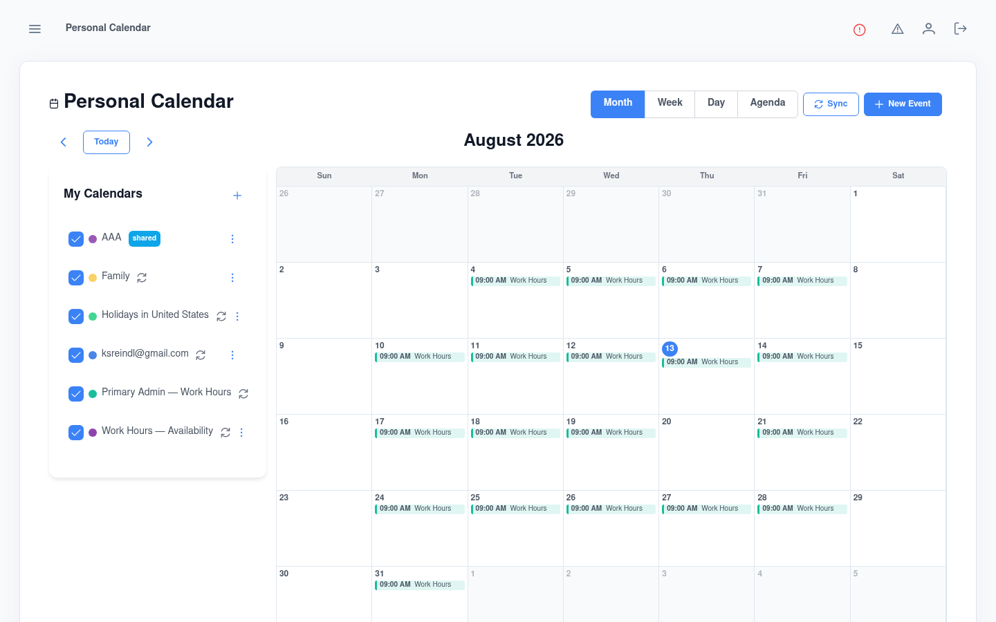 Personal calendar month view