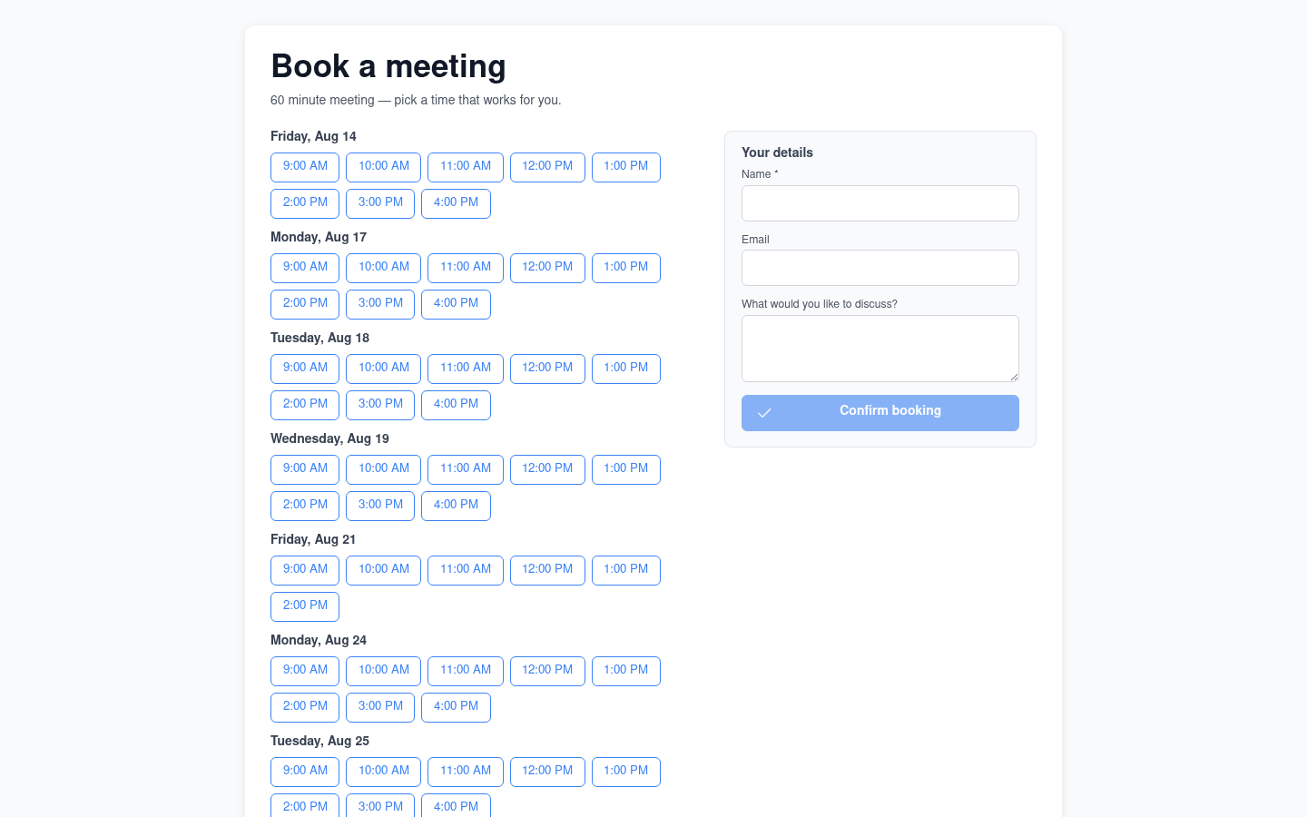 Kruits public booking page — a no-login candidate page with open time slots grouped by day and a name/email intake form to confirm a booking